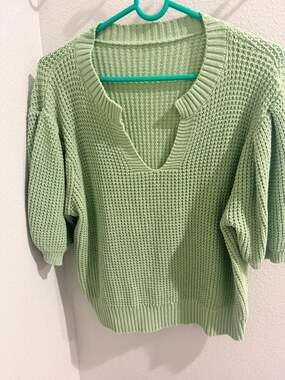 Mint Green Waffle Knit Short Sleeve Sweater - Relaxed Fit